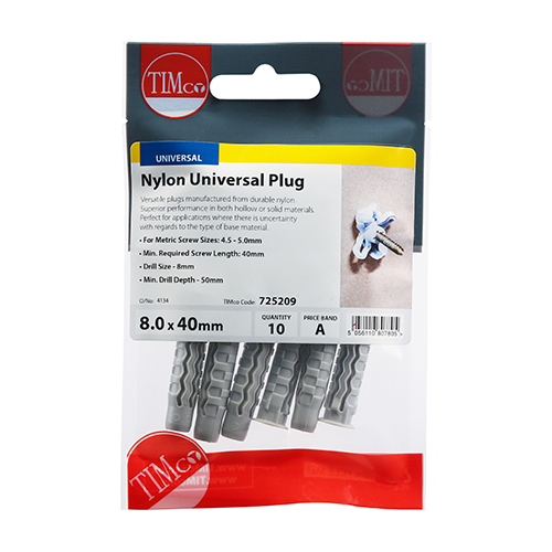 TIMco 8.0 x 40mm (For Screw Size: 4.5/5mm) Nylon Universal Plug (Bag of 10)