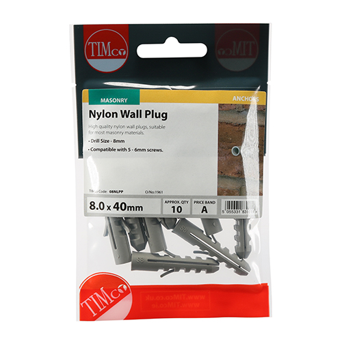 TIMco 8.0 x 40mm (For Screw Size: 5/5.5/6mm) Nylon Plug (Bag of 10)