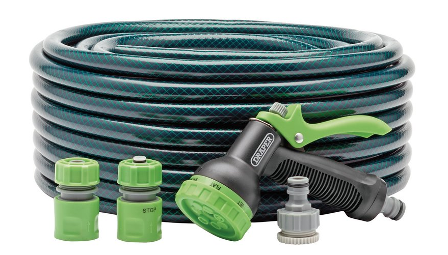 Draper Reinforced Green Garden Hose 30m Starter Kit (w/ Fittings & Gun)