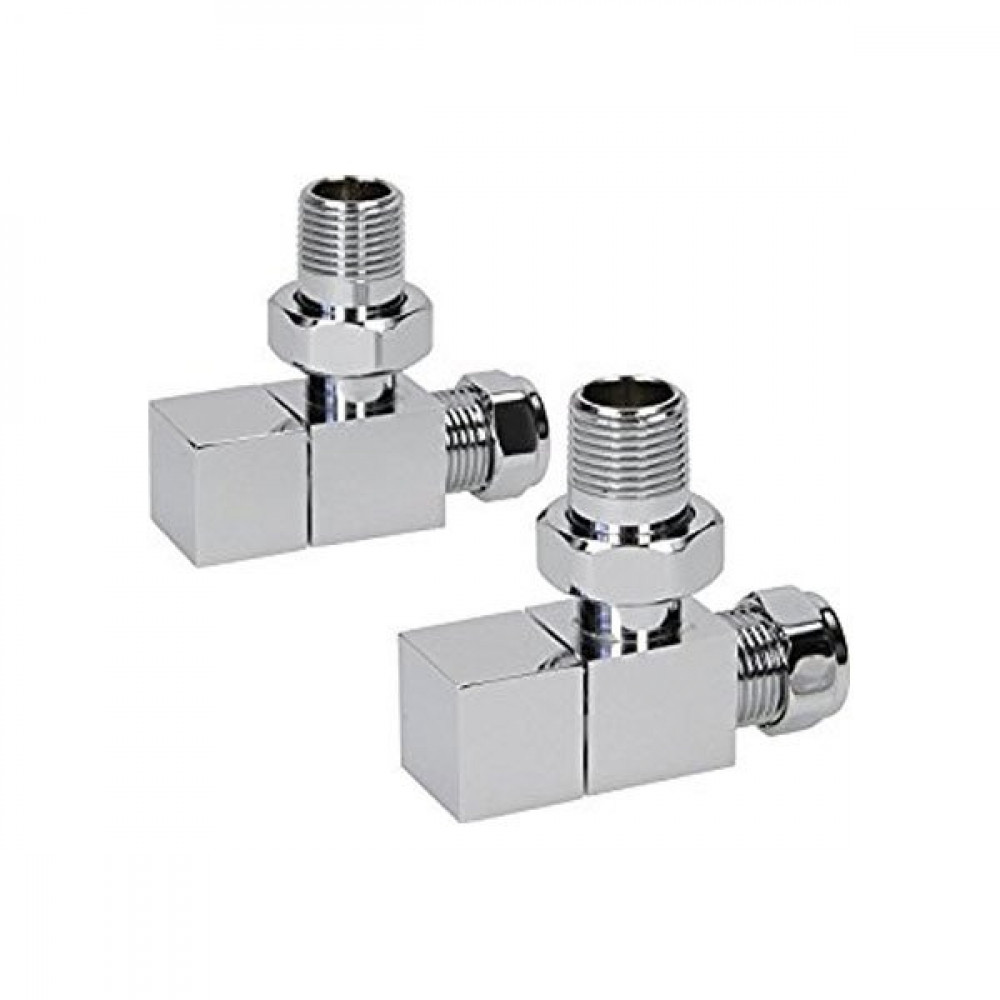 15mm Cube Square Finish Towel Rail (Pair) Radiator Valves - Angled - Chrome
