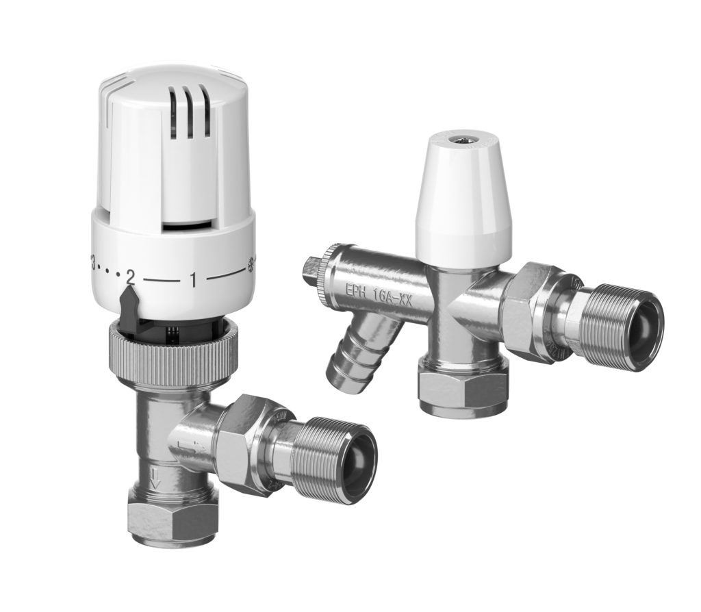 EPH Angled 15mm Compression TRV (Radiator Valve) & Lockshield with Drain Off Valve Twin Pack EMTRV15DOV
